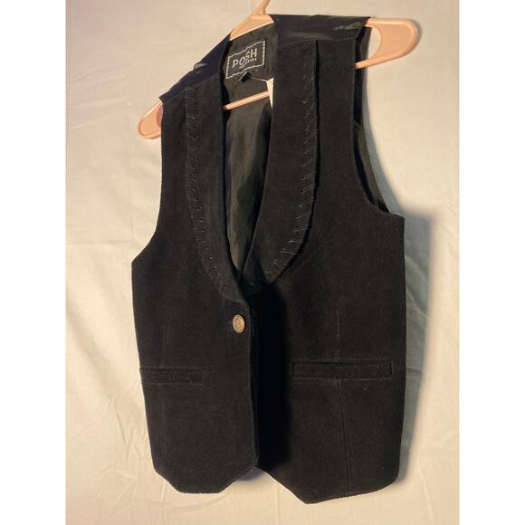 Vintage POSH Black Genuine Suede Leather One Button Vest Jacket Women's Medium - Picture 3 of 4